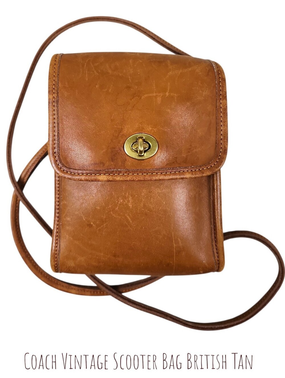 Coach Vintage Scooter Crossbody Bag British Tan Leather Turnlock Flap Purse 934